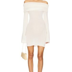 Off-the-Shoulder Ribbed Knit Mini Dress in Cream